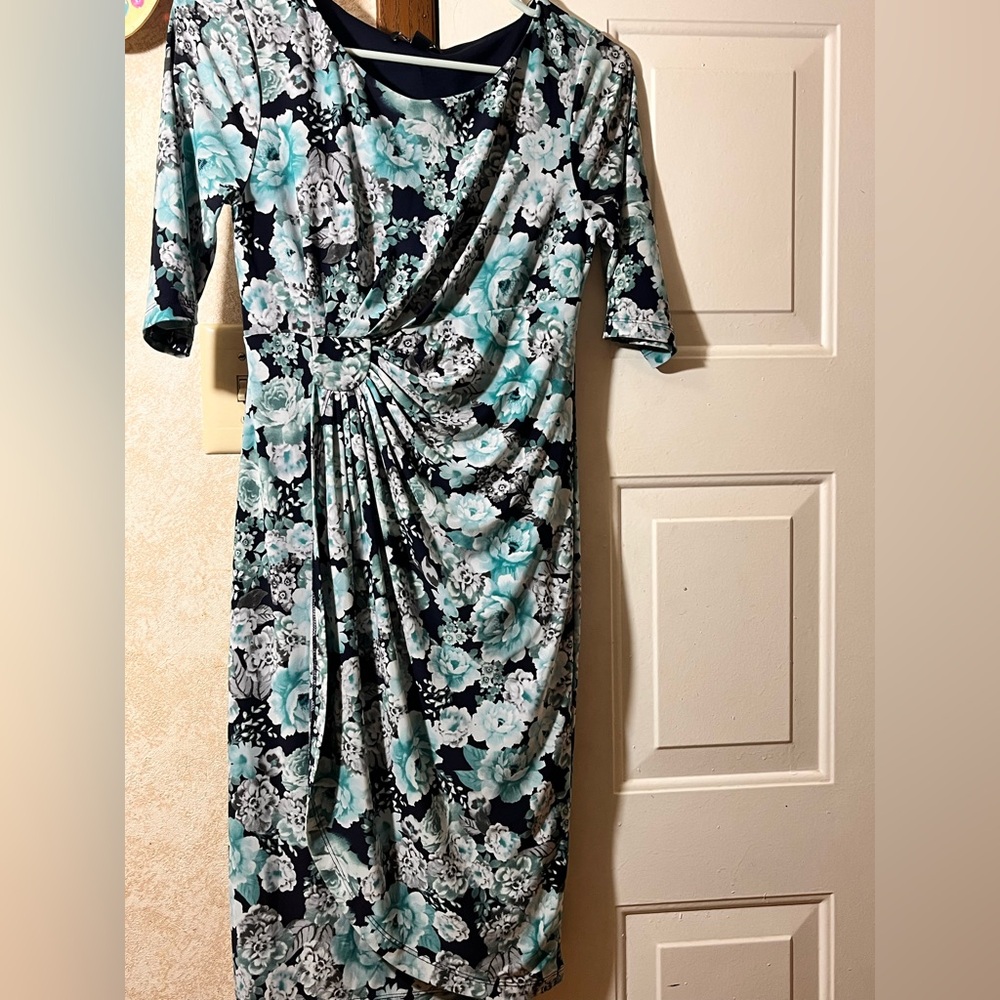 Roz & Ali Teal, White & Black Floral Midi Dress Mock Wrap Dress